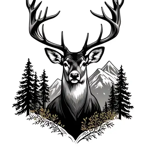 realistic deer head outline with realistic pine trees and mountain inside tattoo design idea