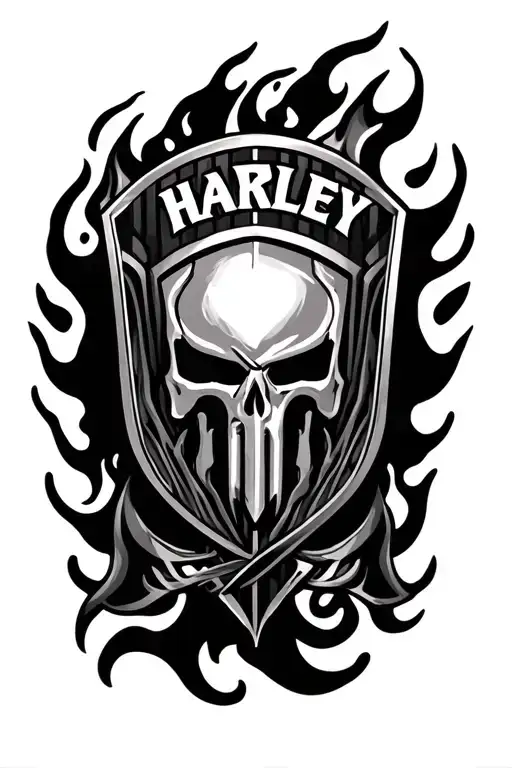 Harley bar and shield logo with geometric tribal and flame  tattoo design idea