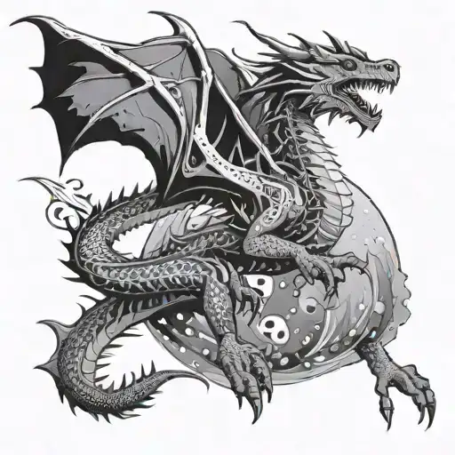 A psychedelic dragon soaring through a cosmic landscape, inspired by anime aesthetics tattoo design idea