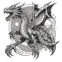 A psychedelic dragon soaring through a cosmic landscape, inspired by anime aesthetics tattoo design idea