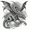 A psychedelic dragon soaring through a cosmic landscape, inspired by anime aesthetics tattoo design idea