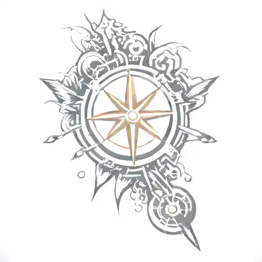 A modern take on a brasão tattoo featuring Ogum, Ossaim, Exu, and Xangô symbols. Incorporate elements like a sword, gears, sacred leaves, trident with flames, and a double axe in a stylized and abstract design. Opt for a minimalist approach with clean lines and geometric shapes, creating a contemporary and unique tattoo for the calf. tattoo design idea