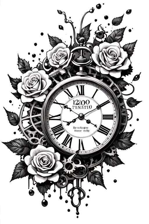 "1/20/09" clock melting timepiece with gears and roses  tattoo design idea