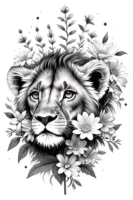 lion cub, bouquet of asters, delphinium, water lilies, morning glory flowers, Leo and Virgo constellations tattoo design idea
