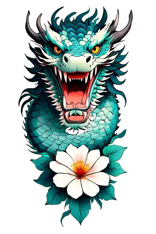 I want a wabari tattoo with a realistic dragon head on the upper shoulder. Below the dragon head 3 japanese flowers. It  tattoo design idea