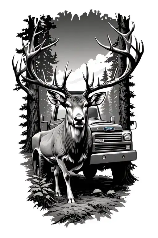 deer in a forest with ford truck tattoo design idea