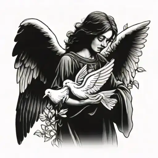 guardian angel with two doves tattoo design idea
