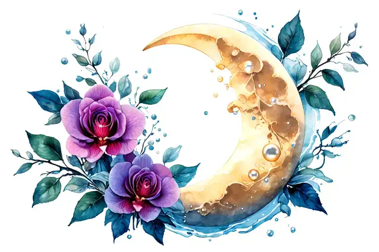 Roses and orchids interwined moon, water and pearls tattoo design idea