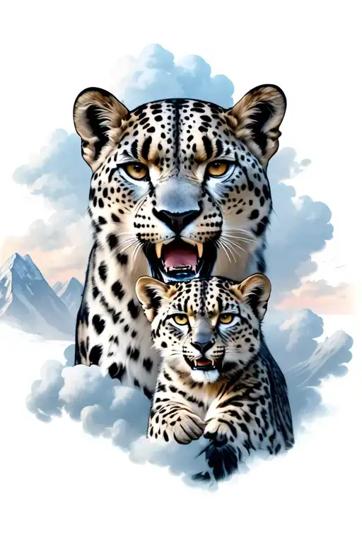 angry Snow leopard and cub in mountains with clouds back and white on shoulder  tattoo design idea