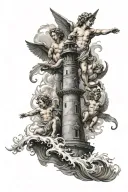 “Black-and-gray tattoo of three cherubs: love, hate, and death.Background with waves, the Lighthouse of Alexandria tattoo design idea