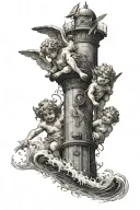 “Black-and-gray tattoo of three cherubs: love, hate, and death.Background with waves, the Lighthouse of Alexandria tattoo design idea