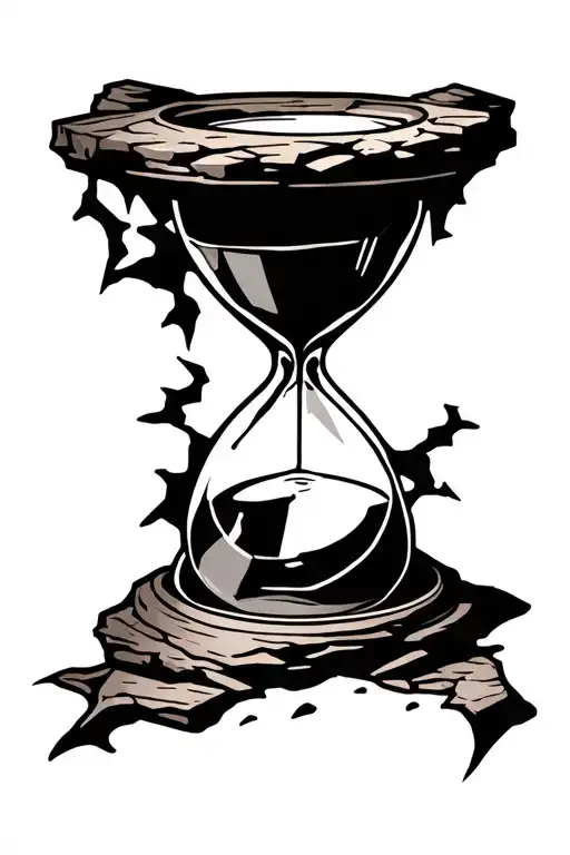 Create a fantasy-themed tattoo design featuring a cracked hourglass made of rock. The top portion of the hourglass conta tattoo design idea