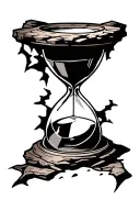 Create a fantasy-themed tattoo design featuring a cracked hourglass made of rock. The top portion of the hourglass conta tattoo design idea
