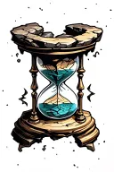 Create a fantasy-themed tattoo design featuring a cracked hourglass made of rock. The top portion of the hourglass conta tattoo design idea