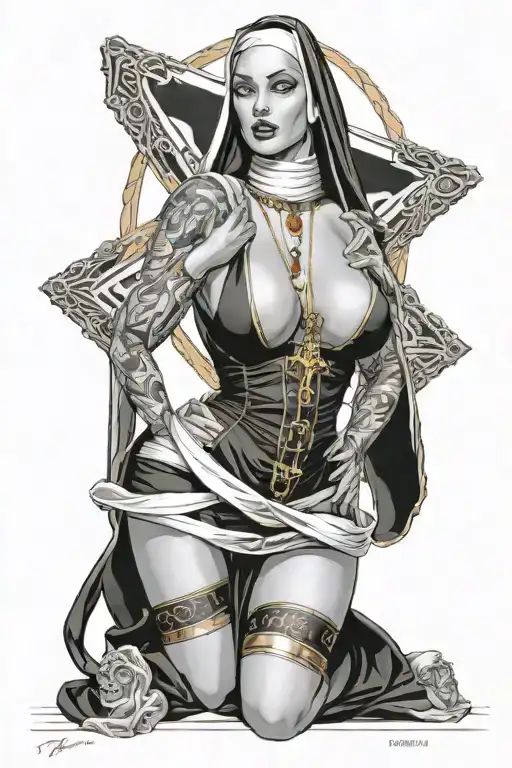 Sexy Nun, huge boobs,, wide hips, petite, revealing attire, seductive facial expressions, gold cross, Lingerie, sexual tattoo design idea