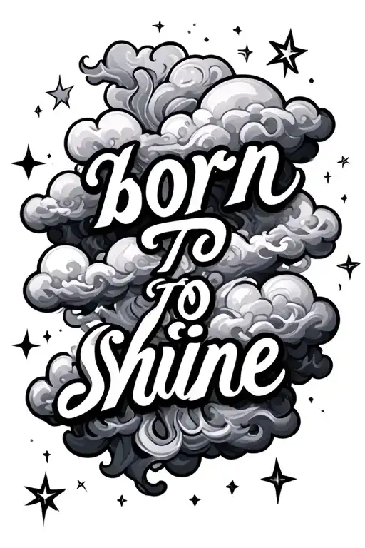 the words "born to shine" with clouds,stars,and smoke surrounding  tattoo design idea