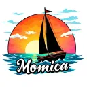 "Monica" "Monica" on the bottom of image,  one sail Sailboat sunset background, vibrant colors for ocean and sky tattoo design idea
