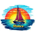 "Monica" "Monica" on the bottom of image,  one sail Sailboat sunset background, vibrant colors for ocean and sky tattoo design idea