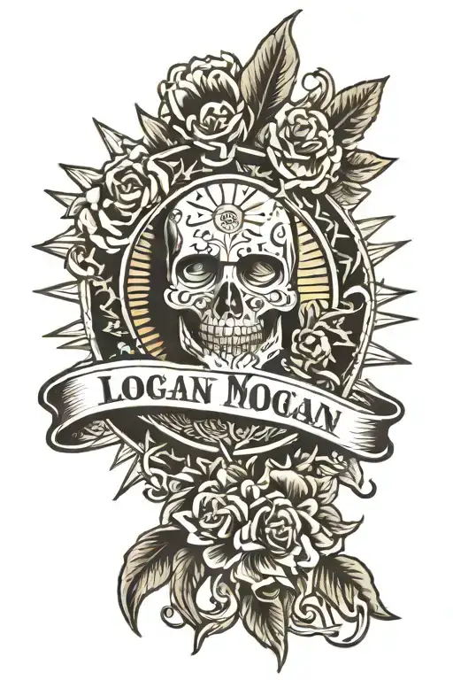 First name Logan with sun next to it with a necklace of tattoo design idea