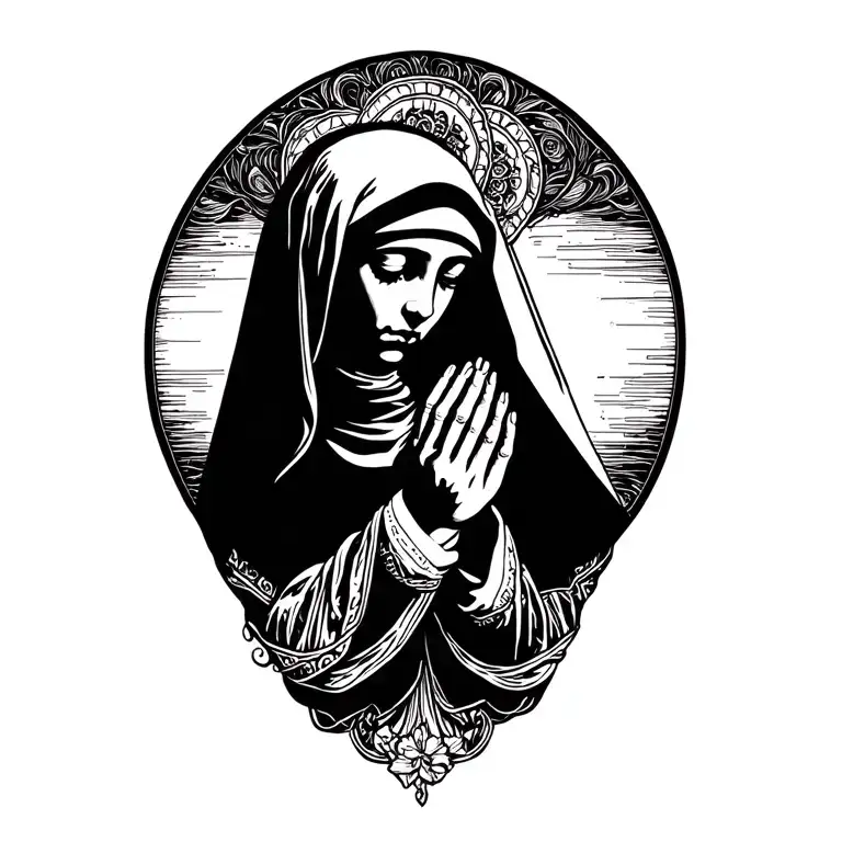 young Nun praying hands holding tattoo design idea