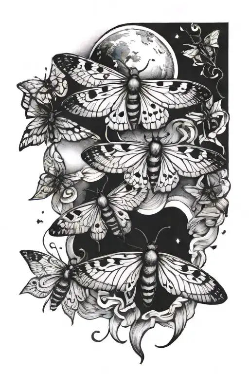 moths flying moon phases intertwined back of forearm  tattoo design idea