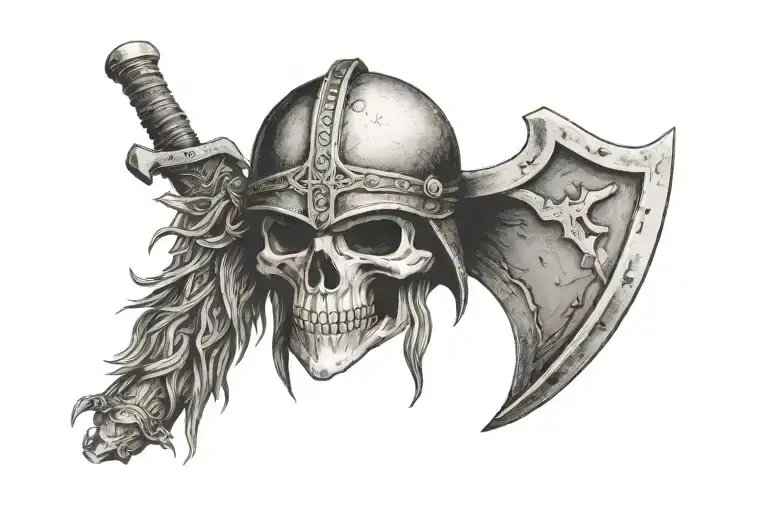 skull wearing Viking helmet with two battle axes crossed beneath tattoo design idea