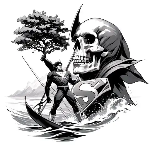 skull + windsurf + superman + goku holding a tree tattoo design idea