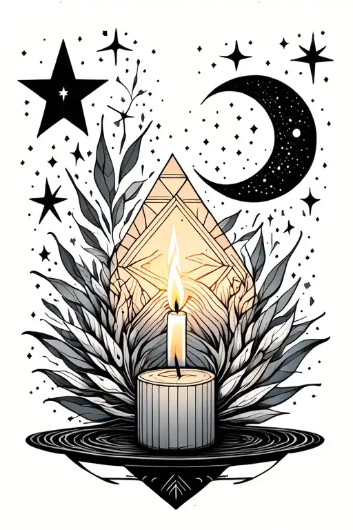 candle burning from both sides, quartz, sage, stars, moon, duality, mirrored tattoo design idea