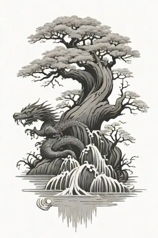 Japanese style trees and water with dragon  tattoo design idea