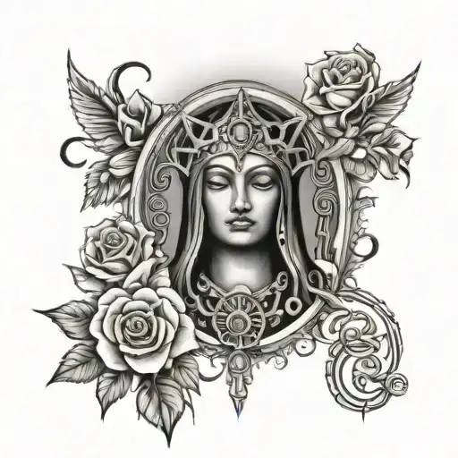 guadalupe with rosary  with intertwined viking runes, with roses tattoo design idea