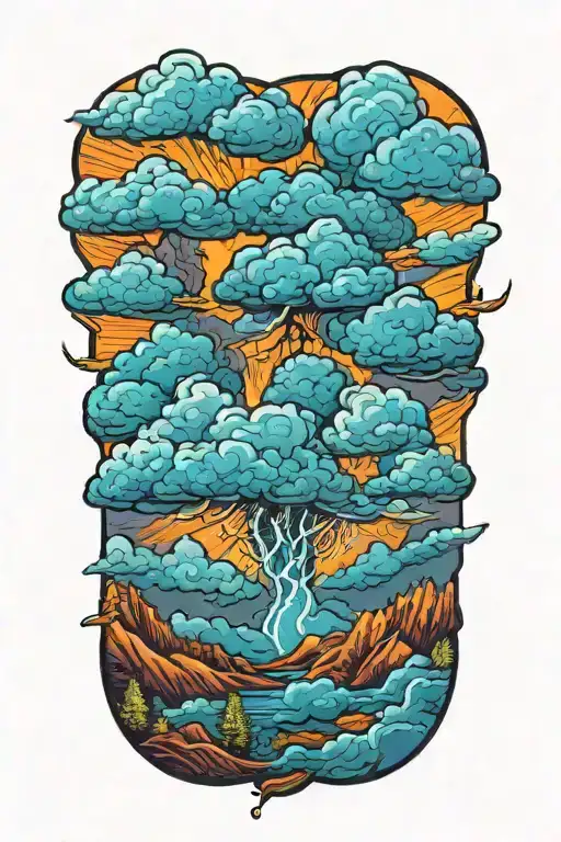 cumulonimbus thunderclouds with lightning rising above hills with forest and desert tattoo design idea