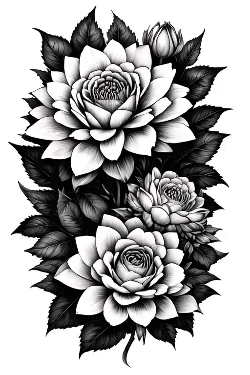 roses water lilies dahlia garter tattoo black and white tattoo design idea