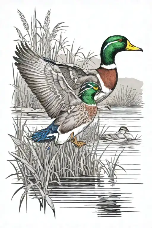 mallard duck and a wood duck landing on water. with tall grass around the shore. with Oregon landscape in the background tattoo design idea
