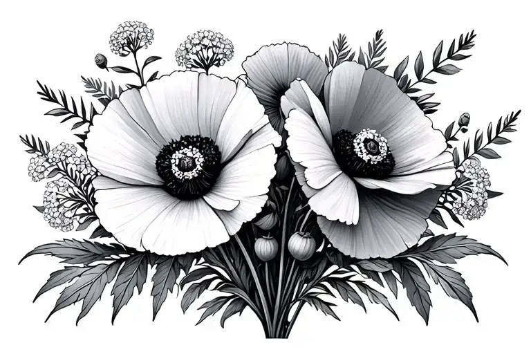 symmetrical arrangement of Poppy and yarrow flower bunch with foliage in the background. tattoo design idea