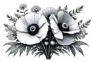 symmetrical arrangement of Poppy and yarrow flower bunch with foliage in the background. tattoo design idea