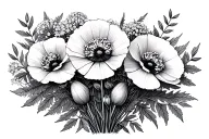 symmetrical arrangement of Poppy and yarrow flower bunch with foliage in the background. tattoo design idea