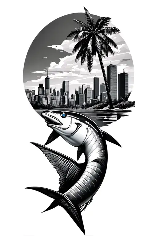 Palm trees, City skyline, BMW F87 M2, Black Marlin tattoo design idea