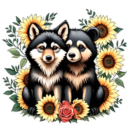  cute baby wolf and bear sitting with sunflowers and roses. black tattoo design idea