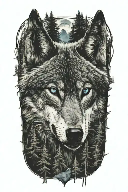 wolf blue eyes howling forest landscape tattoo design idea