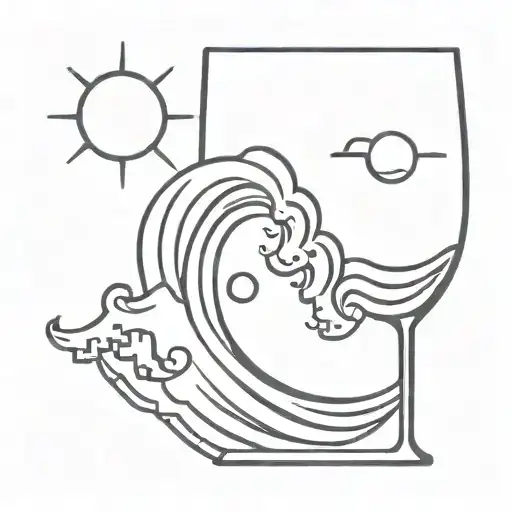 A wave with a sun in the trough of the wave. In the sun a glass of wine tattoo design idea