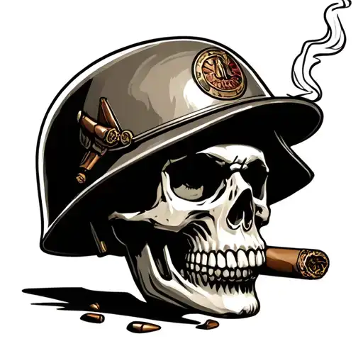 skull with a army helmet smoking a cigar and bullets for eyes tattoo design idea