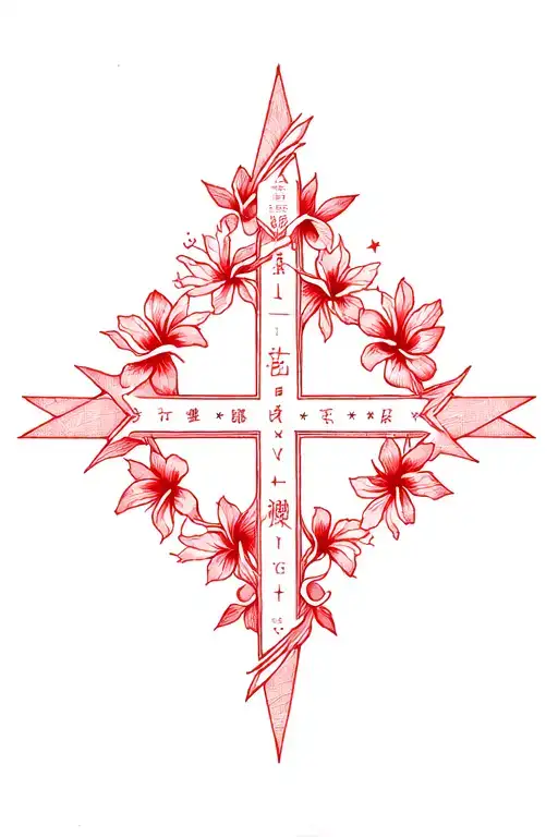 "私の魂は美しいです" Gothic cross with stars forming the shape with hibiscus flowers in red tattoo design idea