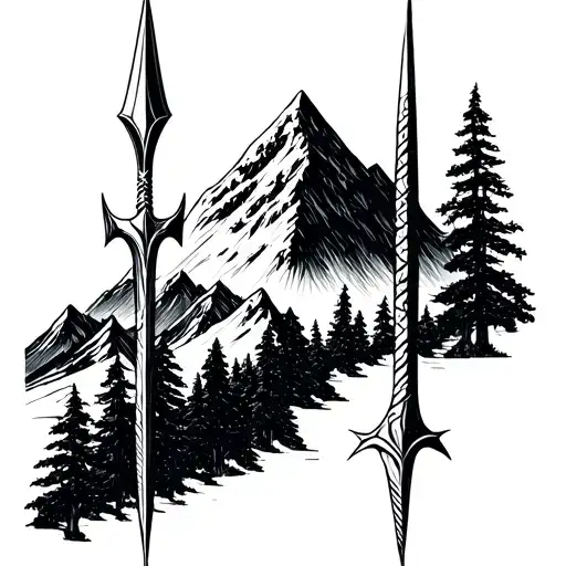 Trident and mountain landscape minimal line art tattoo design idea