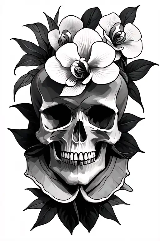2 skulls and orchids tattoo design idea