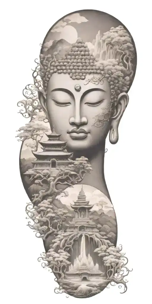spiritual buddhist inspired tattoo featuring a traditional scenary and nature including spiritual elements and budda tattoo design idea