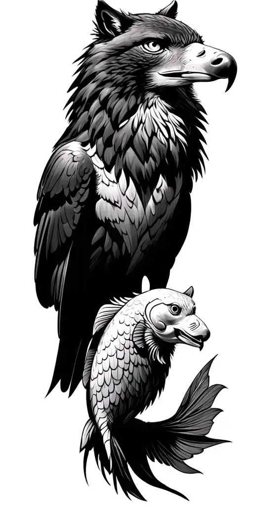 eagle wolf and fish tattoo design idea