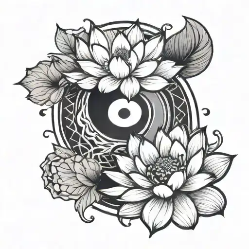 white lotus flower with yin yang symbol incorporated tattoo design idea