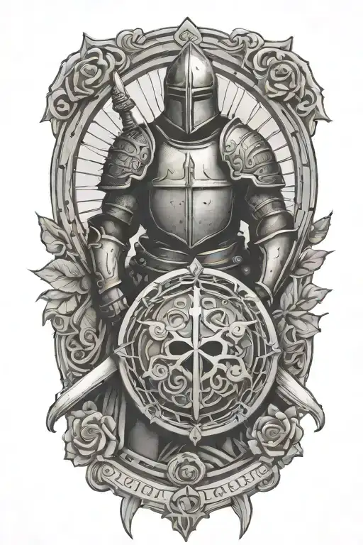 strength courage faith , god warrior with helmet sword shield rose window on armor  tattoo design idea