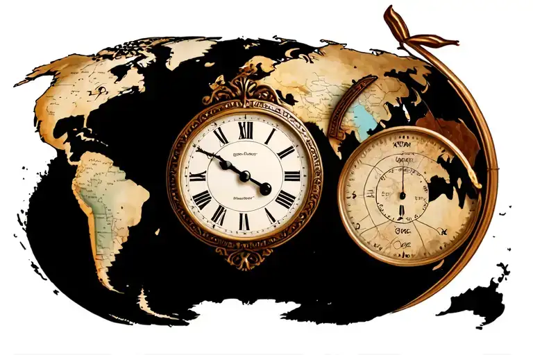 Old clock and a world map tattoo design idea