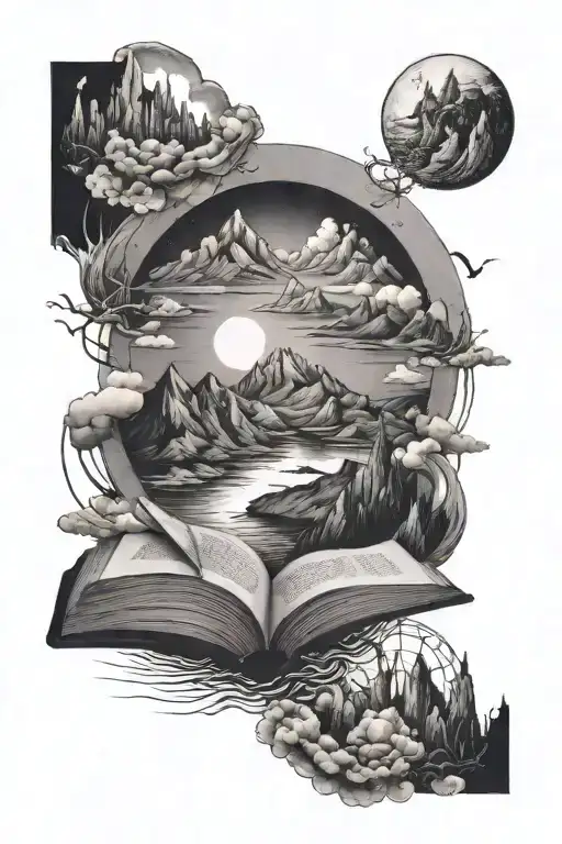 open book, mountain, sea, moon phases tattoo design idea
